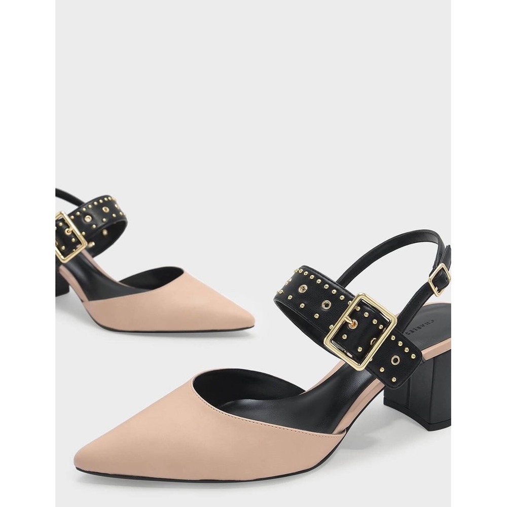 CHARLES & KEITH Studded Pointed Slingbacks in Light Pink and Black,‎ NWOT